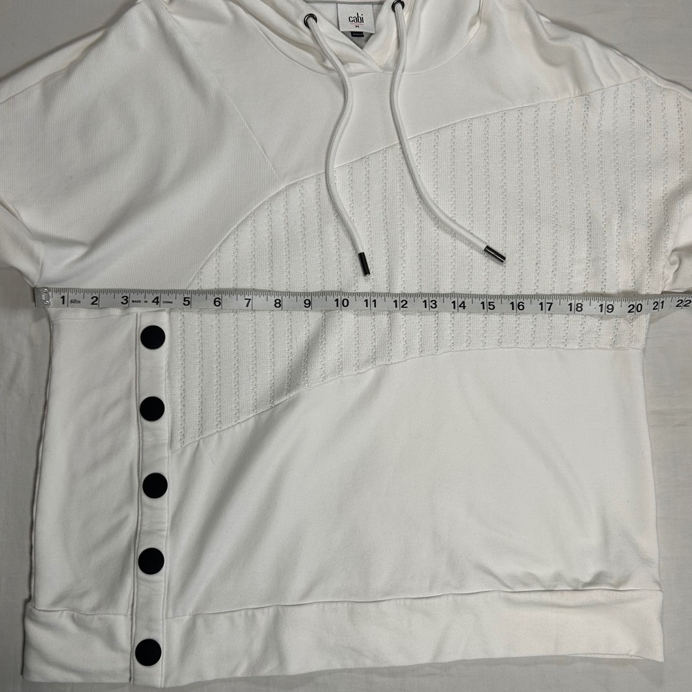 Cabi ATC Roadtrip Hoodie Womens M White Asymmetrical Mixed Texture Button Detail - Picture 2 of 10